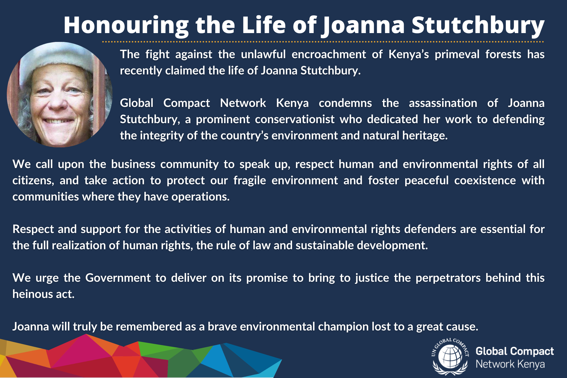 Statement condemning the killing of Joanna Stutchbury, a brave defender of Kenya’s environmental heritage